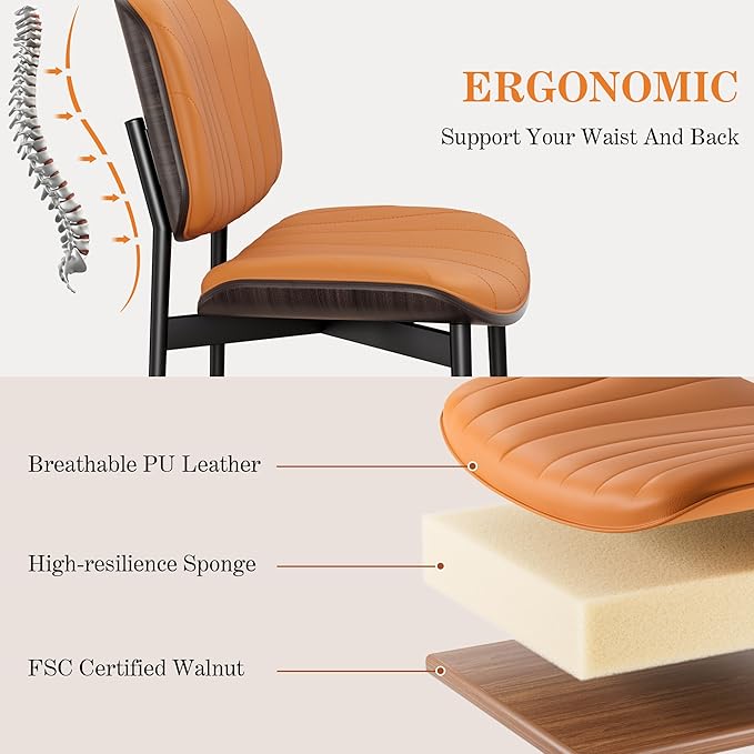 Dining Chairs Set of 4, Mid-Century Modern Upholstered PU Leather Chairs with Walnut Back and Metal Legs Adjustable Feet for Kitchen Dining Room, Orange Shell Strips