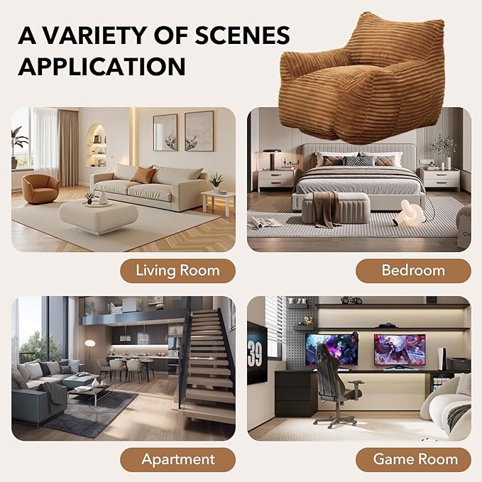 Giant Bean Bag Chair for Adults, Corduroy Upholstered Beanbag Chair with Side Pocket, Comfy Bean Bag Sofa with Portable Handle, Floor Sofa Chair for Bedroom (Brown)