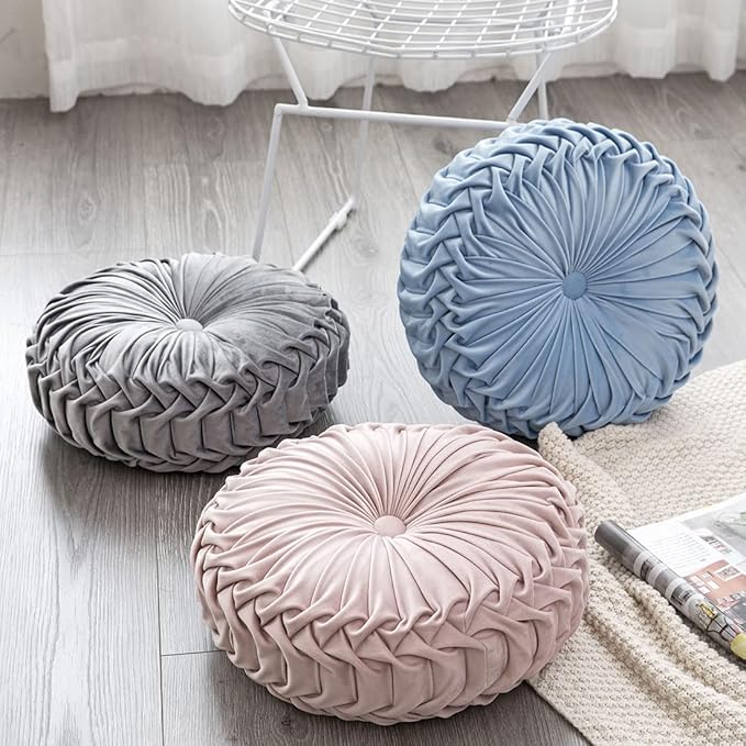 vctops Solid Velvet Seat Cushions Round Floor Pillows Thicken Chair Cushions Pleated Chair Pads Seat Pad Throw Pillows for Bedroom Living Room (Pink,Diameter 14")