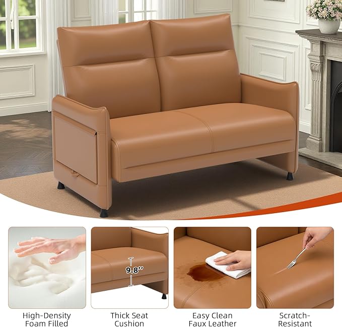 Faux Leather Loveseat, Upholstered Loveseat with Hidden Foldable Tray & Side Pocket, Front Contour Arm Design, Modern 2-Seater Sofa Couch for Compact Spaces, Brown