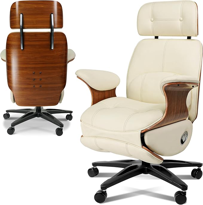 Genuine Leather Office Chair with Electric Reclining, Footrest, Lifting and Massage Function, 350lbs Capacity Ergonomic Executive Chair with Alu Base and 360° Wheels for Home Living Room