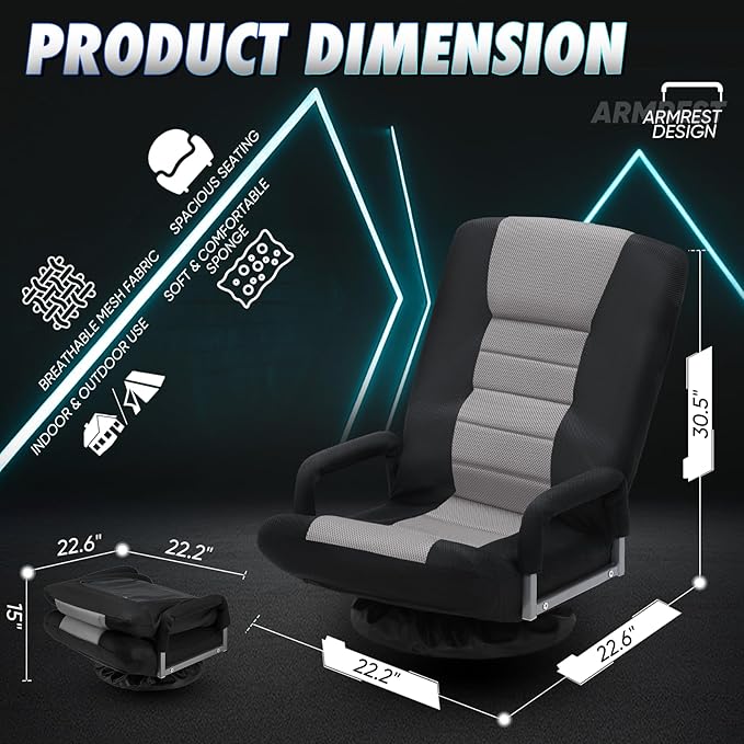 Swivel Gaming Chair 360 Degree Multipurpose Floor Chair w/Armrest & 6 Adjustable Postions Backrest for Adults & Kids, for Reading, Gaming, Watching, Relaxing, Grey