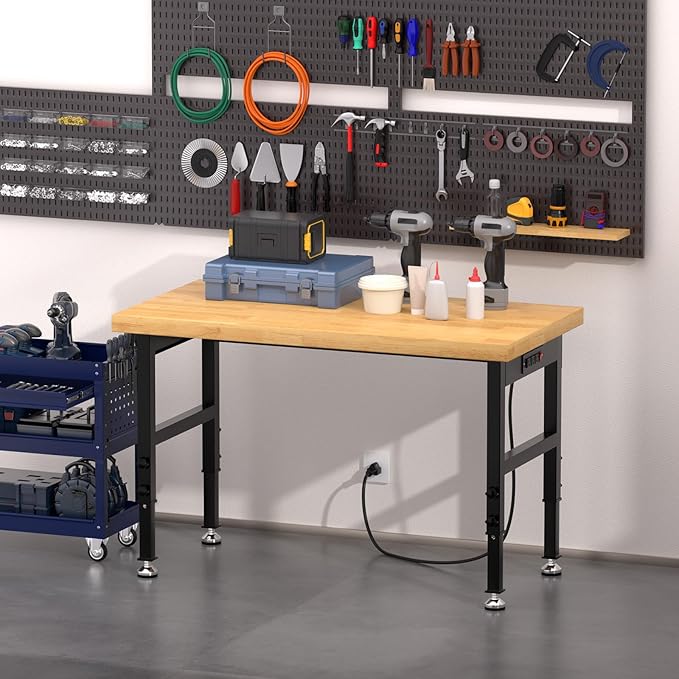 48" Heavy Duty Work Bench with Power Outlets, Adjustable Height Workbench with Rubber Pad, 2000 LBS Capacity Work Table for Garage, Workshop, Office, Home
