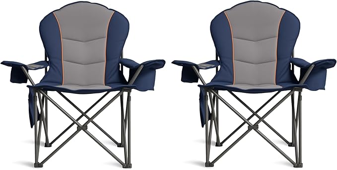 Oversized Camping Chair Heavy Duty 500LB - Portable Folding Chair with Cooler Bag, Cup Holder & Waterproof Phone Case for Adults, Beach, Hiking, Backyard (Blue & Gray, 2 PCS)