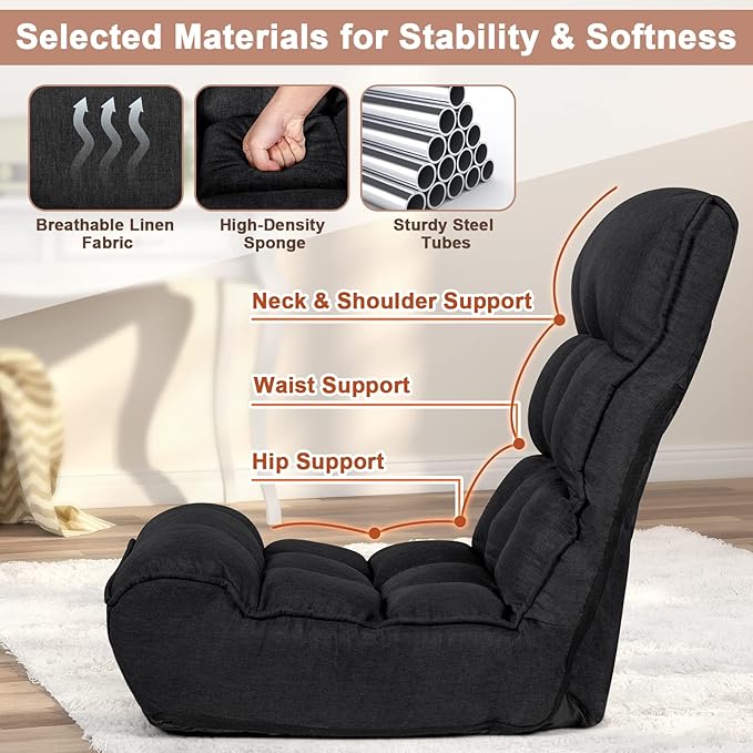 S AFSTAR Folding Floor Chair, Floor Gaming Chair with 5-Position Adjustable Headrest & 4-Position Backrest, Side Pocket & Thicken Cushion, Padded Floor Seat Lazy Chair for Living Room Bedroom