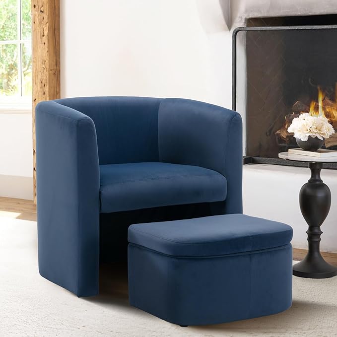 MALOL Mid-Century Velvet Living Room Chair with Storage Ottoman, Space-Saving Accent Chairs for Bedroom/Reading Spaces/Office, Blue