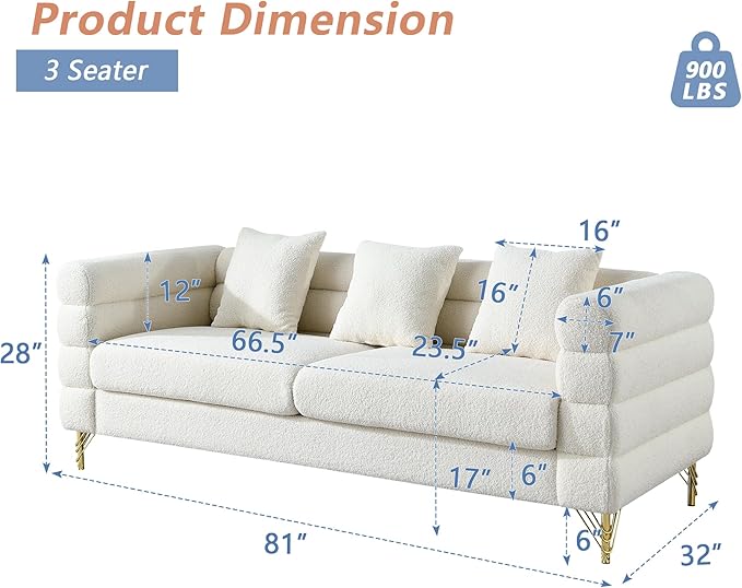 mikibama Modern Teddy Sectional Sofa, 81 Inch Oversized Sofa Couch, Luxury 3 Seater Deep Couch with 3 Pillows and Gold Metal Legs for Living Room, Bedroom, Apartment (White)
