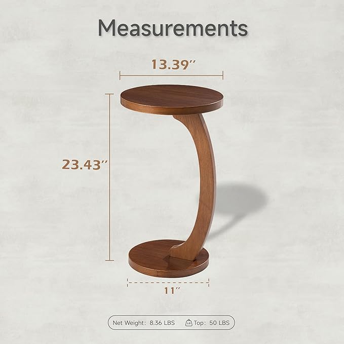 COZAYH C Shaped Round End Table for Couch Small Place, Space Saver Side Table for Sofa, Living Room, Bedside Area, Coffee and Eating Snack Tray, Walnut Color