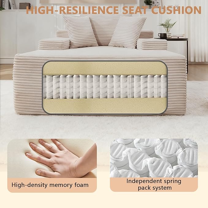 67.3'' Oversized Chaise Lounge Chair Indoor,Corduroy Boneless Couch with 3 Pillows Wide Armrest,Comfy Cloud Couch Sleeper Sofa Reading Chairs for Living Room Bedroom,No Assembly Required (Beige)