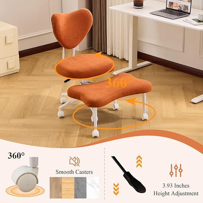 Sudwesto Ergonomic Cross Legged Chair, Corduroy 360° Upholstered Swivel Meditation Chair with Wheels, Comfy Criss Cross Desk Chair for ADHD with Height-Adjustable for Office (Orange - Corduroy)