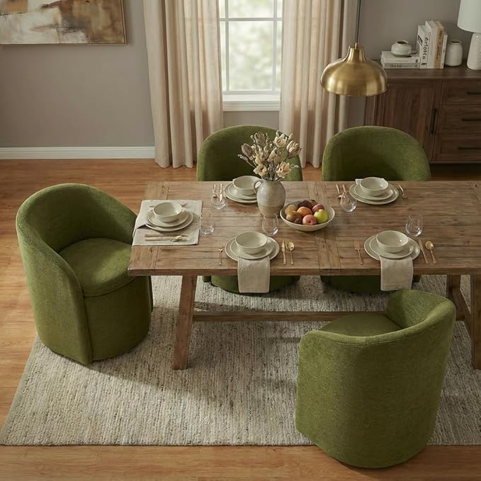 Upholstered Dining Chairs with Casters, Rolling Modern Dining Room Chairs with Hidden Storage & Barrel Backrest, Easy Assembly Accent Chair for Bedroom, Living Room, Dressing, Green Fabric,2PCS