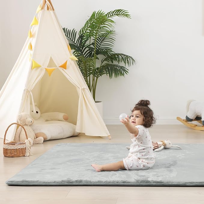 PaPaMat 1.5" Thick Baby Play Mat for Floor, 59x79 Playpen Mat, Pro Soft Flannel Foam Mats Toddler Infant Kids Crawling for Nursery Rug Playroom Living Room Waterproof Easy Care Non-Slip (Light Grey)