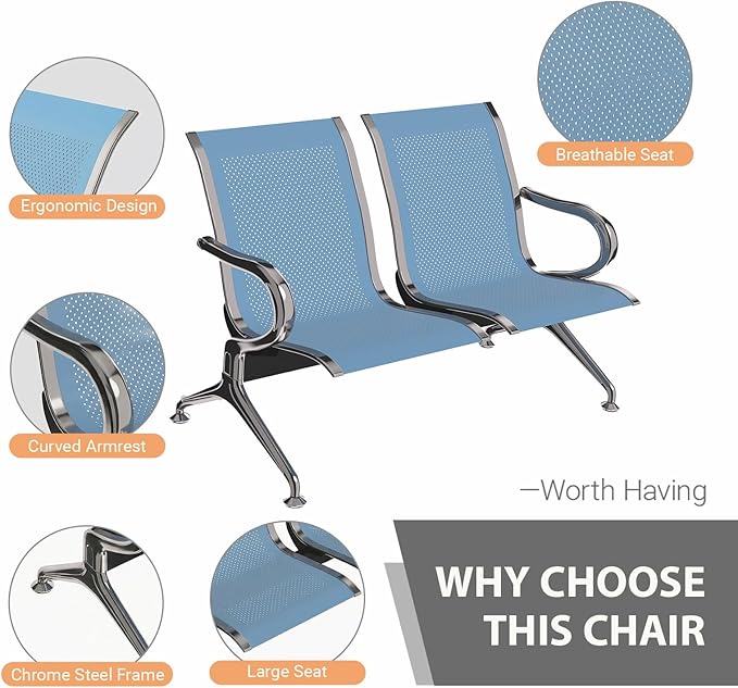 Kinfant 2-Seat Waiting Room Chair - Office Guest Reception Chairs with Ergonomic Backrests, Airport Waiting Bench with Armrests, Metal Waiting Furniture for Hospital, Bank, Salon (Blue, Set of 2)