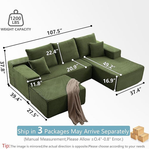 107" W Cloud Sectional Couch with Ottoman,Modern U-Shaped Cloud Couch with Deep Seat,Comfy Corduroy 3-Seater Sofa,Memory Foam Sofa for Living Room,No Assembly (Green,Right-Facing Chaise)