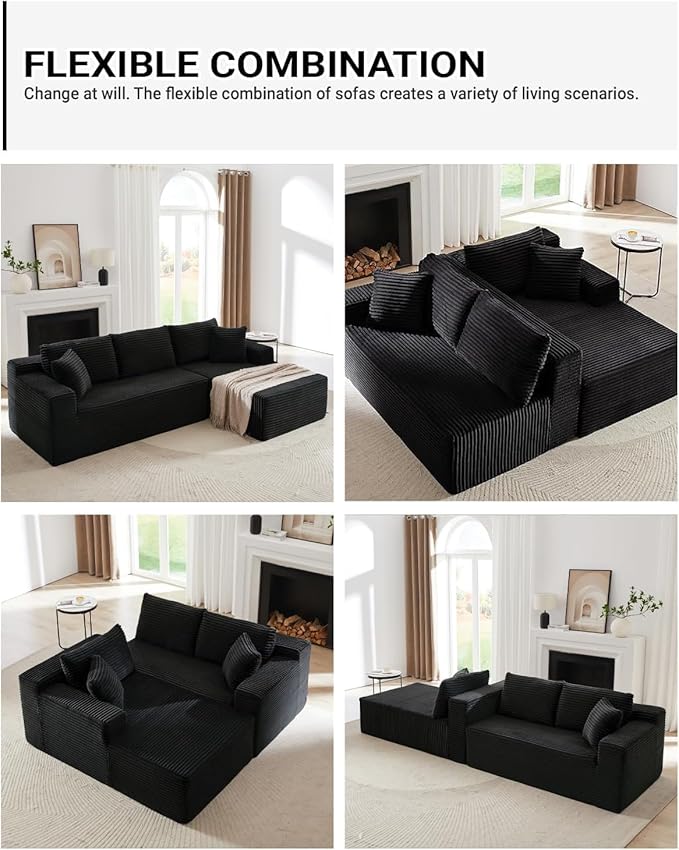 Vanress Cloud Couch Sectional, Corduroy Boneless Couch with L-Shape Chaise, Modern Modular Sectional Sofa Comfy Deep Seat for Living Room, Bedroom, No Assembly (Black, Left Facing Chaise)