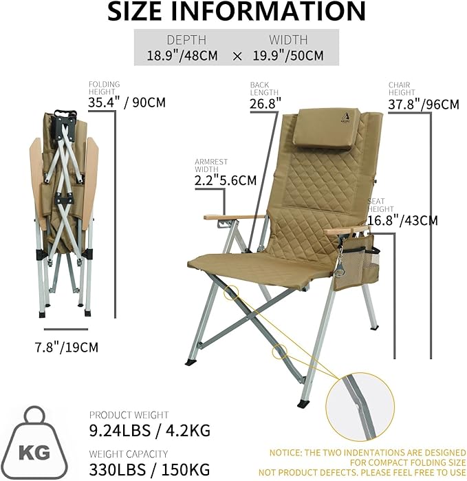 Reclining Camping Chair, Heavy Duty Folding Chairs with 4-Stage Adjustable High Back for Adults, Compact Foldable Outdoor Patio Reclining Chair with Storage Bag (Khaki, 2 Pack)