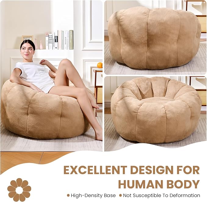 Bean Bag Chairs for Adults, Teens Beanbag Reading Chair with Petal Arm Rest, Comfy Faux Fur Fluffy Bean Bag for Youth Living Room, Bedroom, Dorm, Game - Taupe, Large, Low Support