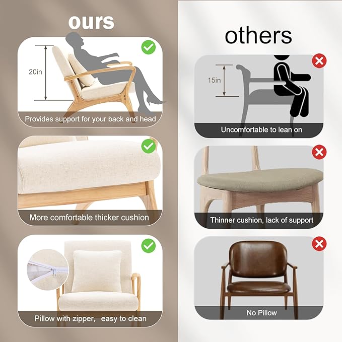 ELUCHANG Mid-Century Modern Accent Chair with Lumbar Pillow, Upholstered Armchair in Premium Linen Fabric, Comfy Reading & Lounge Chair for Living Room, Bedroom, Sunroom, Apartment