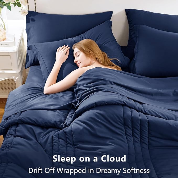 CozyLux Queen Size Comforter Sets - 7 Piece Bed in a Bag Navy Blue Comforter Set with Sheets Queen Bed Set All Seasons, Bedding Set with Down Alternative Comforter, Sheets, Pillowcases & Shams