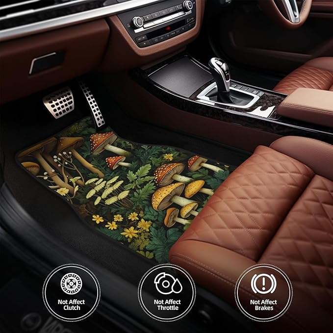 Artistic Fabric Car Floor Mats-Non-Slip Rubber Backing,Mushroom,Front (26.8x17.3in) & Rear (13x17.3in) Set-Water Absorbing, Durable Automotive Floor Liners with Stylish Patterns