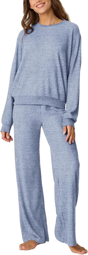Aamikast Women's 2-Piece Lounge Set Soft Brushed Jersey Sleepwear Pajamas Set Long Sleeve Top & Wide Leg Pants