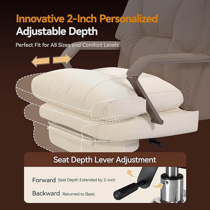 M76 Recline Office Chair with Footrest, 160° Infinite Reclining 10" Thick Executive Desk Chair, 420lb Heavy Duty Big and Tall, Adjustable Seat Depth, Cream