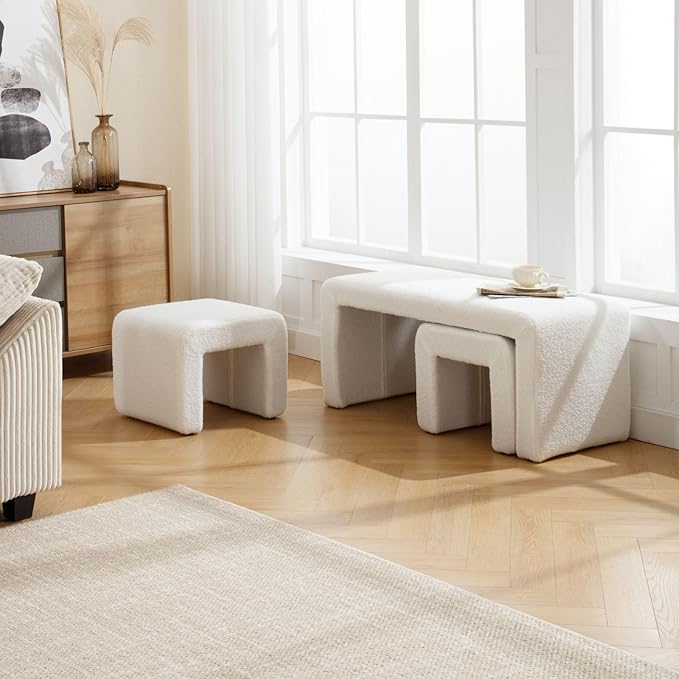 LukeAlon 3-Piece Nesting Ottoman Bench Set, 40.5" Wide Upholstered End of Bed Bench with 2 Small Stools Sherpa Comfy Entry Bench Vanity Stools Modern Arched Bench for Living Room Bedroom, White