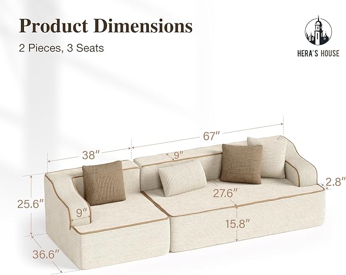 HERA'S HOUSE 105" Cloud Sectional Couch, Modular Upholstered Sofa with Wide Armrest, Corduroy Boneless Couches with 4 Throw Pillows for Living Room, No Assembly Required, Beige