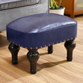 DSGAMER Leather Ottoman Footrest,Rustic Foot Stools Seat,Wood Footstool,Rectangle Footrest Small Ottoman for Bedroom,Living Room,Office,Entrance Hall (Blue)