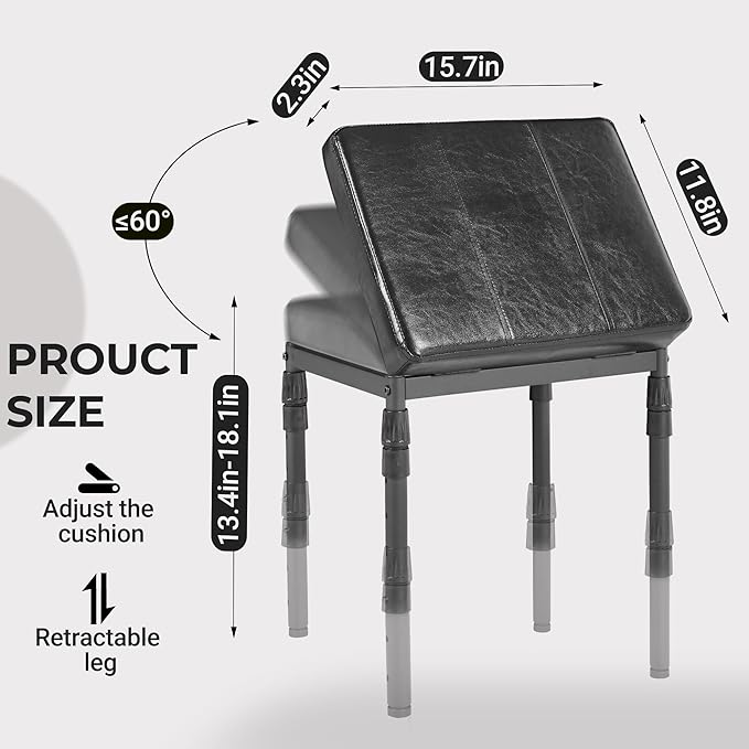 Adjustable Ottoman Pouf, 4 Height Position & 60 Degree Tilt Angle Synthetic Leather Ottomans Foot Stools Stool Pouffe FootStool Under Desk for Living Room Home Office(Black Synthetic Leather)