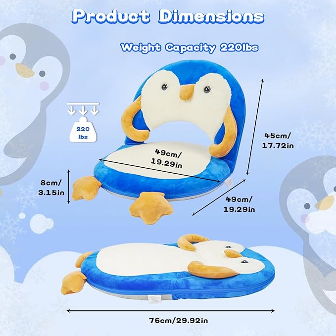 Floor Chair for Kids, Penguin Floor Seating with Back Support 5 Adjustable Position Ideal for Reading Gaming Meditating Yoga, Kids Chair for Daycare Preschool Classroom (Blue)