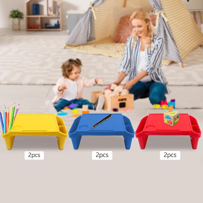 6 Pack Kids Lap Desk Tray with Storage Slots, Portable Lap Desk, Activity Tray, Drawing, Stackable, Writing, Eating, Classroom, 19.69" L x 9.84" W x 7.1" H (Red+Blue+Yellow)