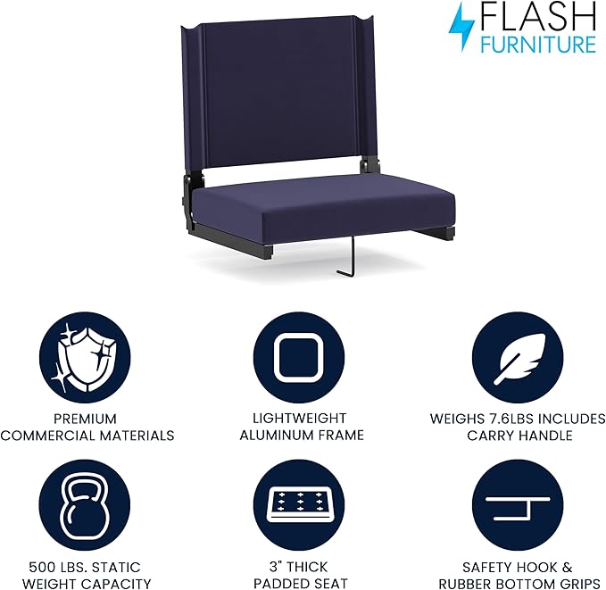Flash Furniture Grandstand Portable Stadium Seat for Bleachers or Benches, Folding Padded Stadium Chair with Carrying Handle, 500 lb. Weight Capacity, Navy