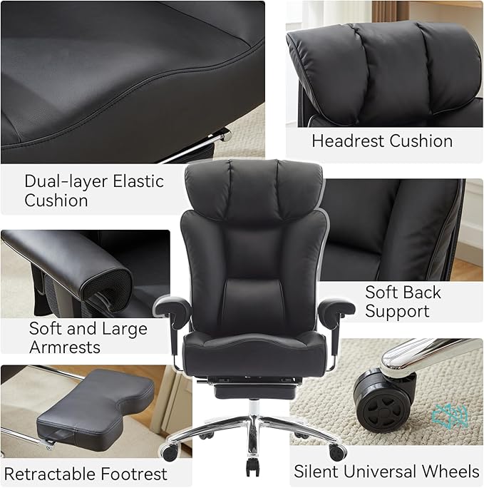Efomao Big and Tall Office Chair 450lbs, 5.9" Thick Pocket Spring Executive Chair with Footrest, High Back PU Leather Ergonomic Desk Chair, Wide Computer Chair, Black