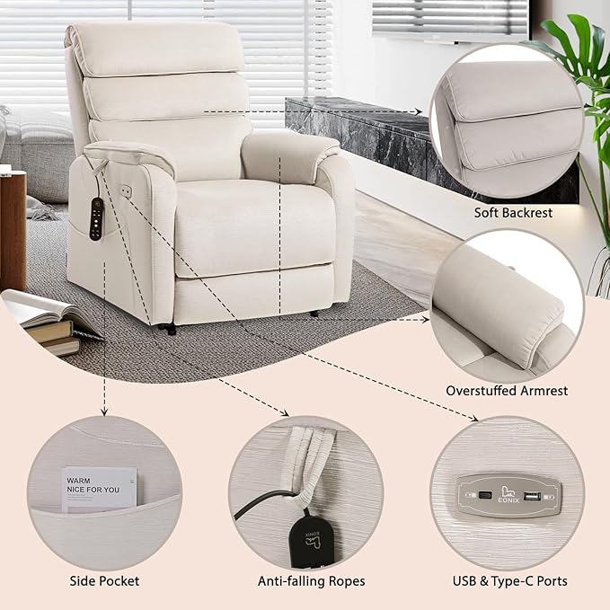 EONIX Dual Motor Lay Flat Power Lift Recliner Chair for Elderly, Chenille Fabric Electric Lift Chairs for Adults, 400lbs Heavy Duty Power Recliner with Heat Massage Charging Ports, Chenille White
