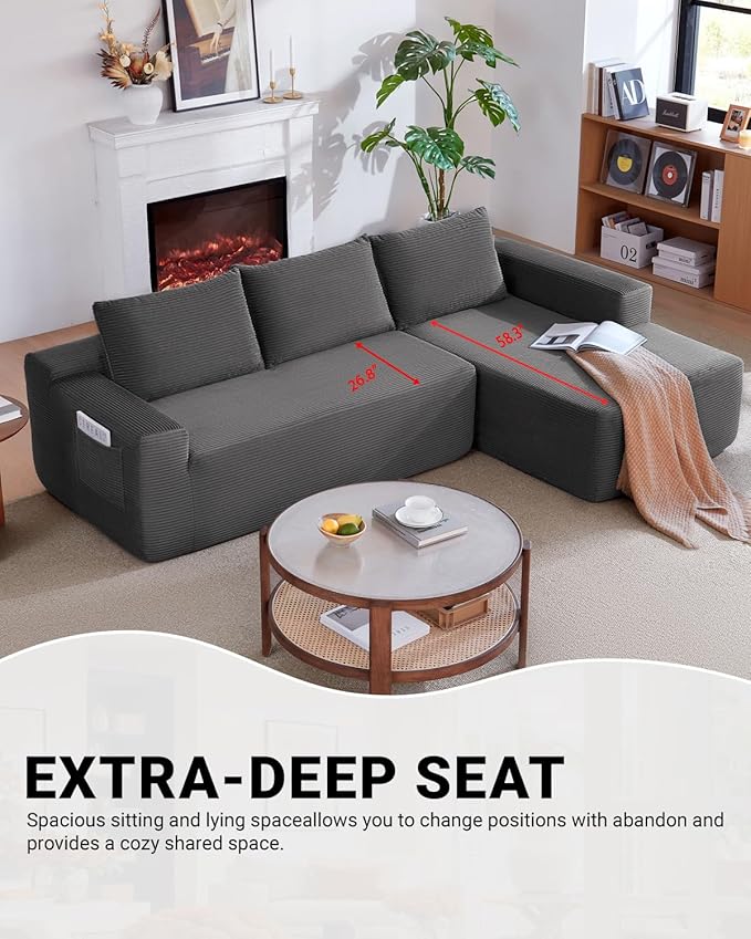 96 Inch Cloud Sectional Couch,Modern Modular Sectional Sofa with Deep Seat,Corduroy Boneless Couches with L-Shape Chaise for Living Room Bedroom,No Assembly Required (Grey, Right Facing Chaise)