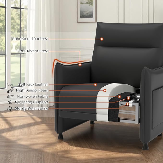Upholstered Accent Sofas Set of 2, Modern Faux Leather Sofa Chairs with Hidden Foldable Tray & Side Pocket, Front Contour Arm Design, Small Accent Sofas for Small Spaces, Black