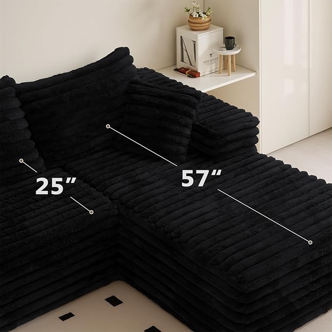 Sectional Cloud Boneless Couch for Living Room Bedroom, Modern L Shaped Modular Sofa with Right Facing Chaise, Comfy Deep Seat Memory Foam Couch in Box, No Assembly (Wide Striped Corduroy, Black)