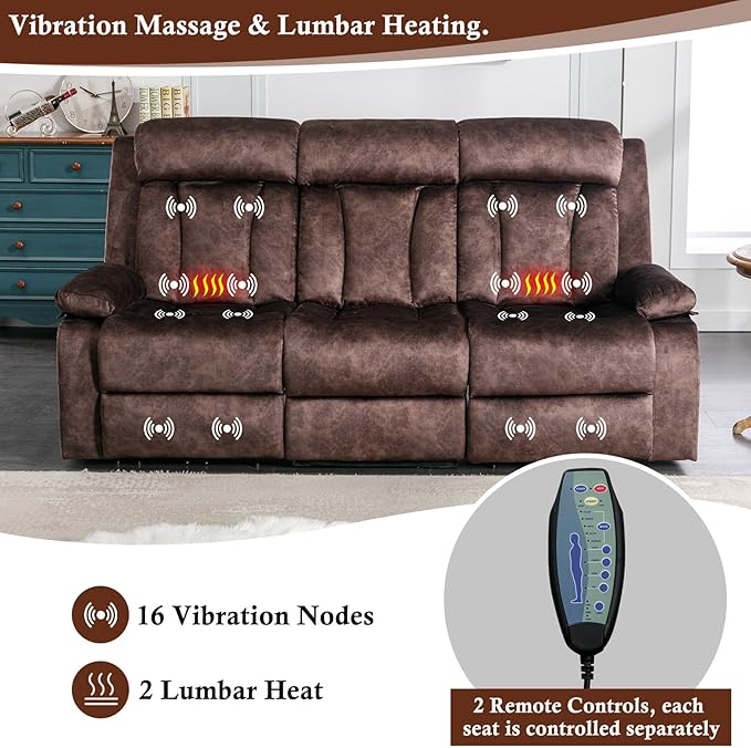 GUEAPY Reclining Sofa-Power Recliner Sofa with Heat and Massage,Recliner Sofa with Drop Down Table,Reclining Couch 3 Seater for Living Room,Home Theater Seating with Cup Holders,USB & Type-C Ports