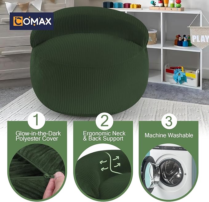 COMAX Bean Bag Chair for Kids, Convertible Toddler Beanbag Bed Corduroy, Children Bean Chair Stuffed to Floor Mattress with Filler, Green