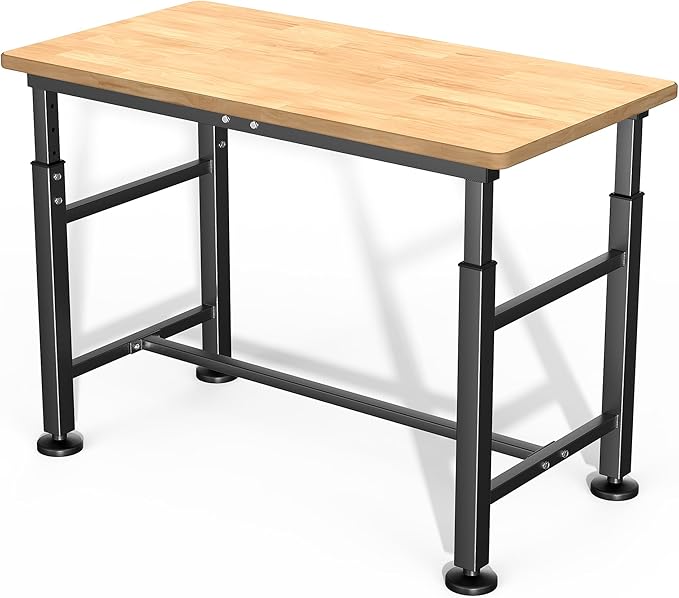Ultrawall Workbench for Garage, 47.5" Adjustable Height Work Table, Heavy Duty Rubber Wood Workstation for Workshop, Office, Home, 2000 LBS Load Capacity