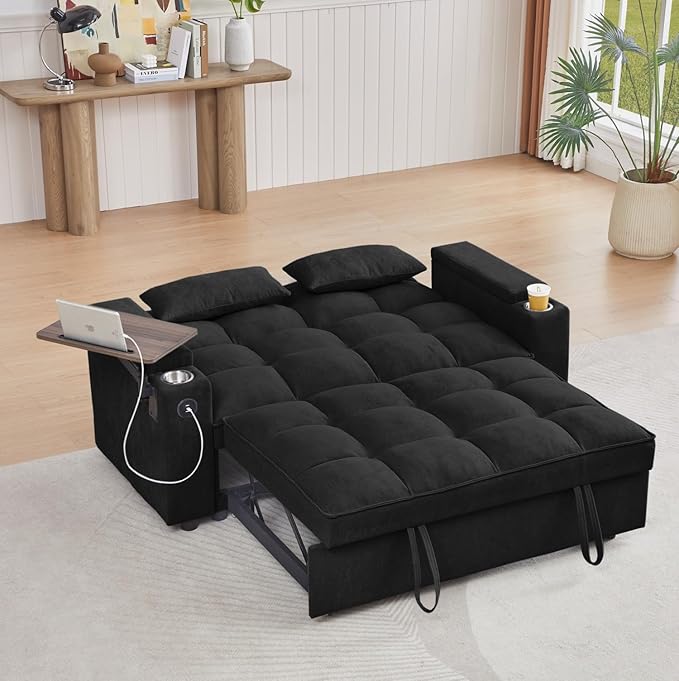 oaaktu ﻿ 65''Convertible Sleeper Sofa Bed,3-in-1 Pull Out Couch Bed with 360 Degree rotatable Side Table and USB Ports for Living Room,RV (07Black)