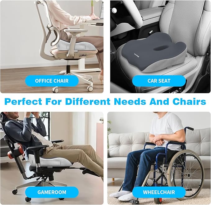 Memory Foam Seat Cushion for Office Chair & Car Seat, Sciatica & Tailbone Pain Relief, Orthopedic Coccyx Cushion with Non-Slip Bottom
