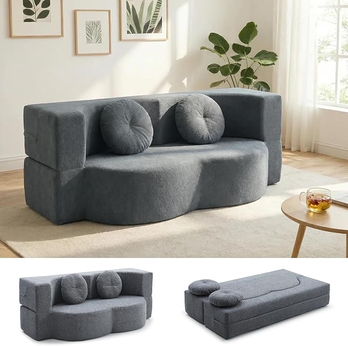 76" Convertible Folding Sofa Bed, 2-in-1 Twin Size Loveseat Sleeper Couch Bed with Two Pillows, Foldable Space-Saving | Design for Dorms Apartments Bedroom& Living Room,No Assemble(Grey)