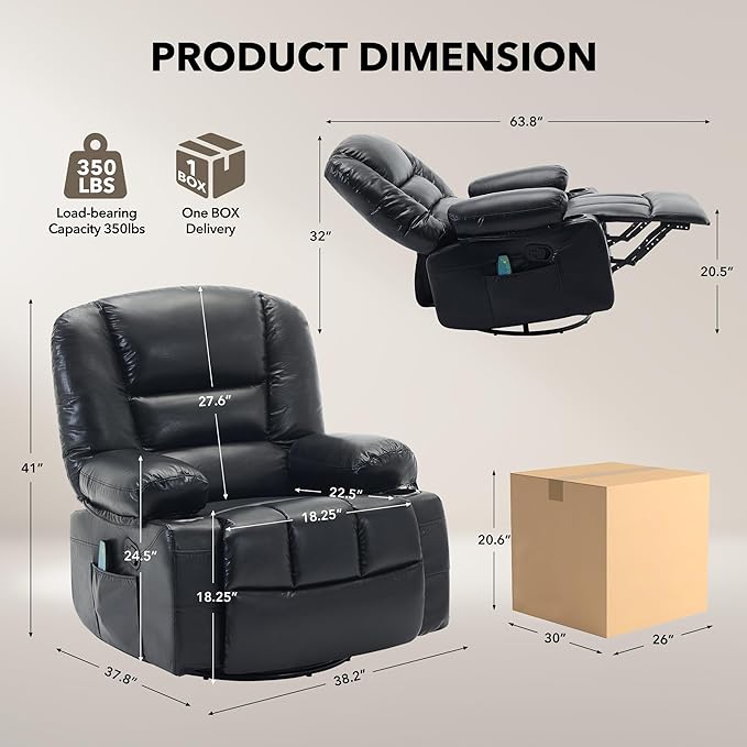 Rocker Recliner Chairs for Adults w/Vibration Massage and Heating,360° Swivel Rocker Glider Recliner,Extra Wide Manual Lazy Chair,PU Leather Overstuffed Soft Sofa Chair for Living Room,Bedroom,Black