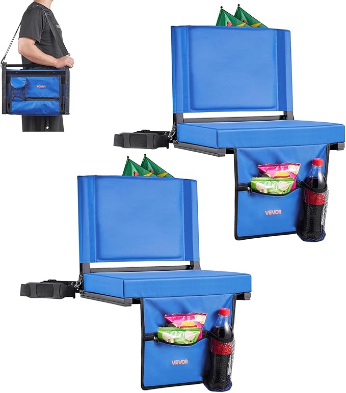 VEVOR Stadium Seat, Folding Bleacher Seat with Back Support & Thick Cushion, Padded Stadium Seats for Bleacher Includes Shoulder Strap, Hooks, Cup Holder, and Side Pocket, Blue Bleachers Chair, 2PCS