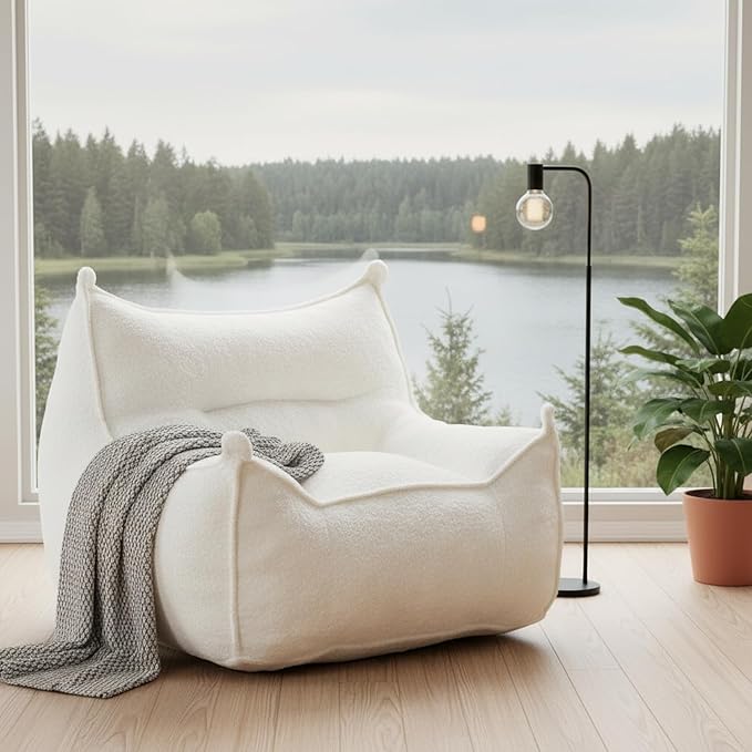 Giant Bean Bag Chair for Adults and Kids, Comfy Beige Beanbag with Filling Plush Fluffy and Back Support, Lounge Lazy Floor Sofa Accent Chair, Cozy Single Cloud Couch for Living Room, Bedroom & Dorm