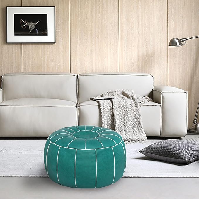 Thgonwid Unstuffed Moroccan Storage Pouf Foot Stool Ottoman Seat Handmade Faux Leather Bean Bag Floor Chair Foot Rest for Living Room, Bedroom or Balcony (Teal Blue)