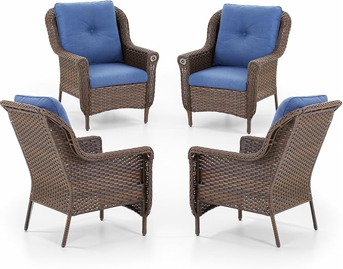 ACTREST Patio Wicker Chairs Outdoor Furniture Chair - Set of 4 Outside All Weather Lawn Dining Brown Rattan Armchair with High Back&Deep Seating for Deck Porch Balcony Backyard Garden - Navy Blue