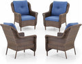 ACTREST Patio Wicker Chairs Outdoor Furniture Chair - Set of 4 Outside All Weather Lawn Dining Brown Rattan Armchair with High Back&Deep Seating for Deck Porch Balcony Backyard Garden - Navy Blue
